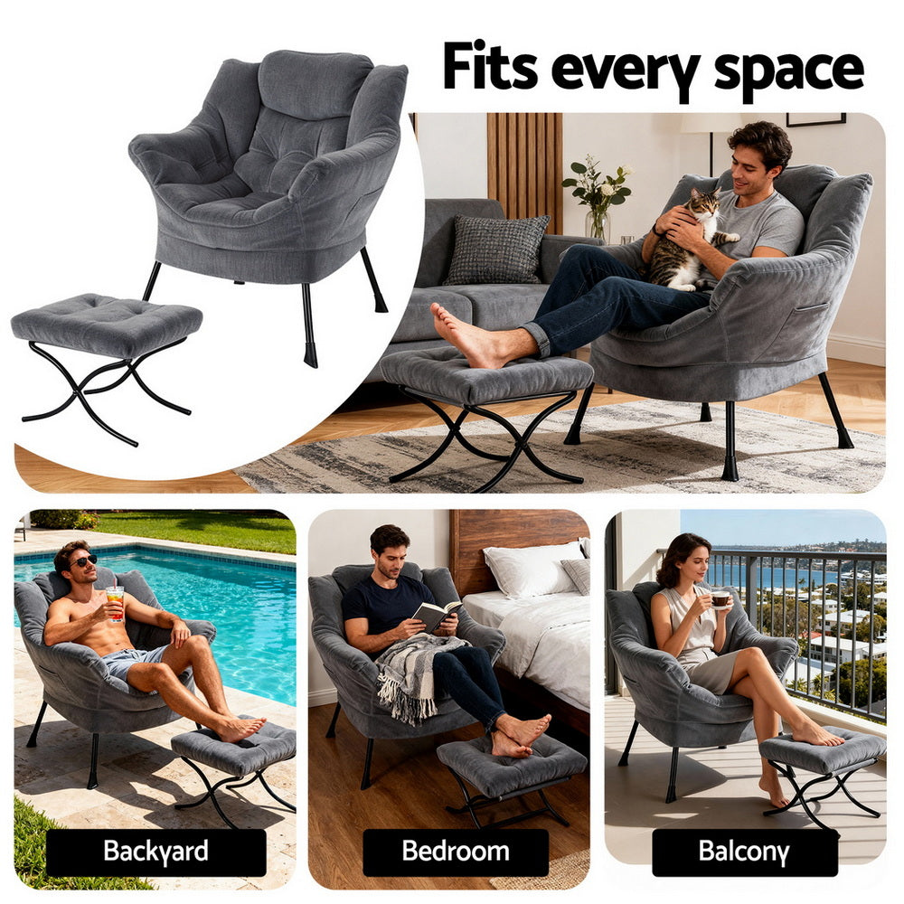 Amelia Velvet Armchair with Footrest - Grey - Homecoze