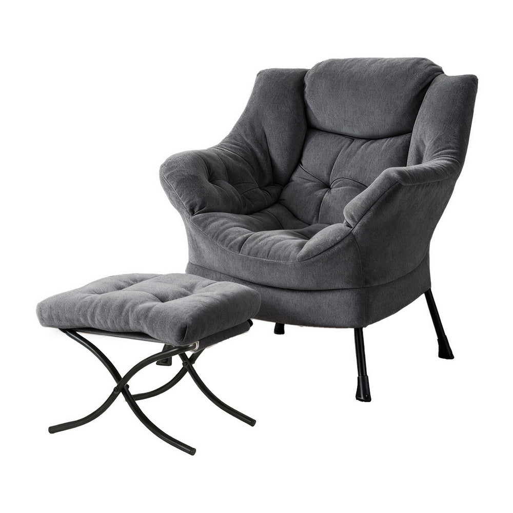 Amelia Velvet Armchair with Footrest - Grey