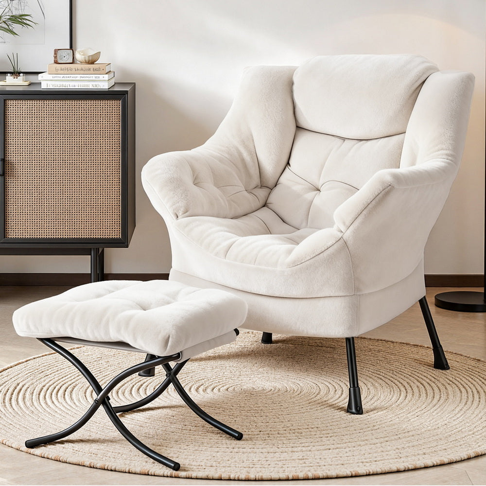 Amelia Velvet Armchair with Footrest - White - Homecoze
