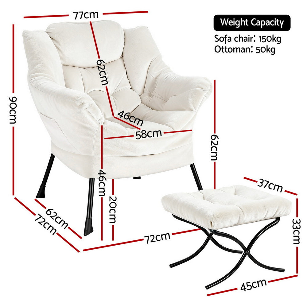 Amelia Velvet Armchair with Footrest - White - Homecoze
