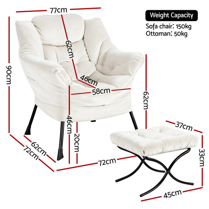 Amelia Velvet Armchair with Footrest - White