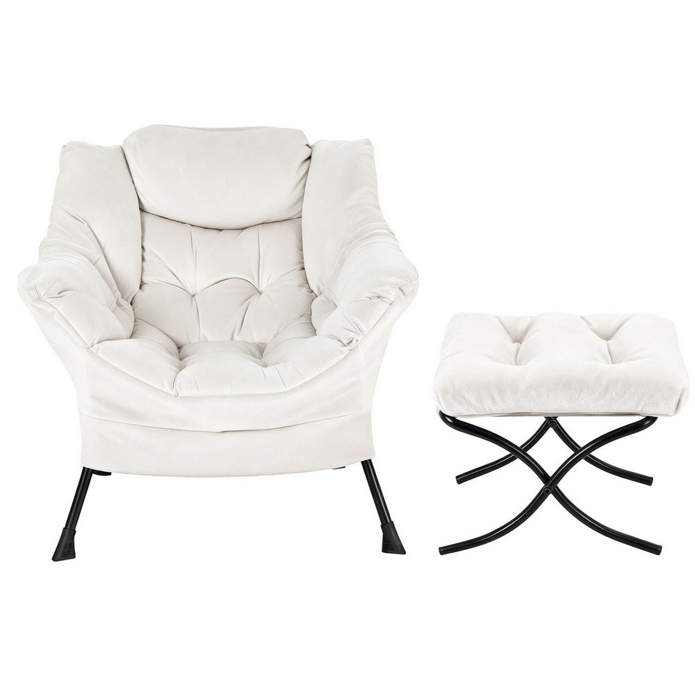 Amelia Velvet Armchair with Footrest - White - Homecoze