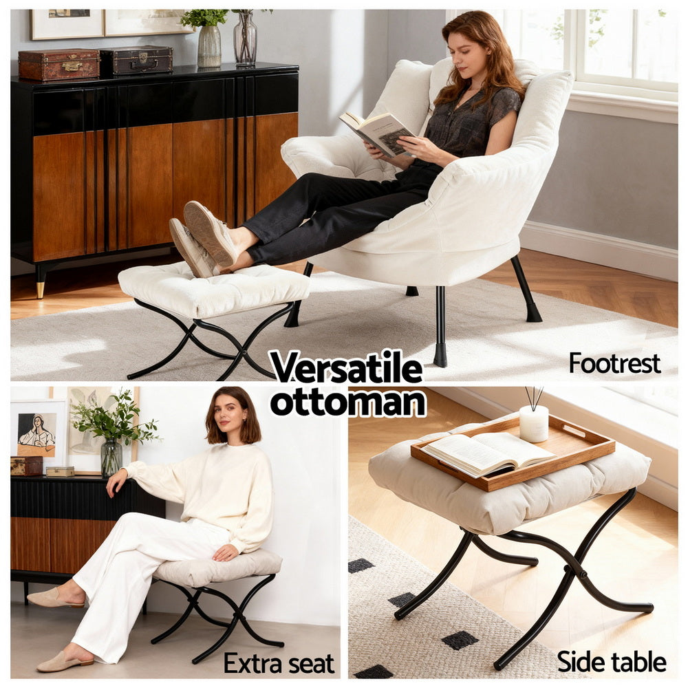 Amelia Velvet Armchair with Footrest - White - Homecoze