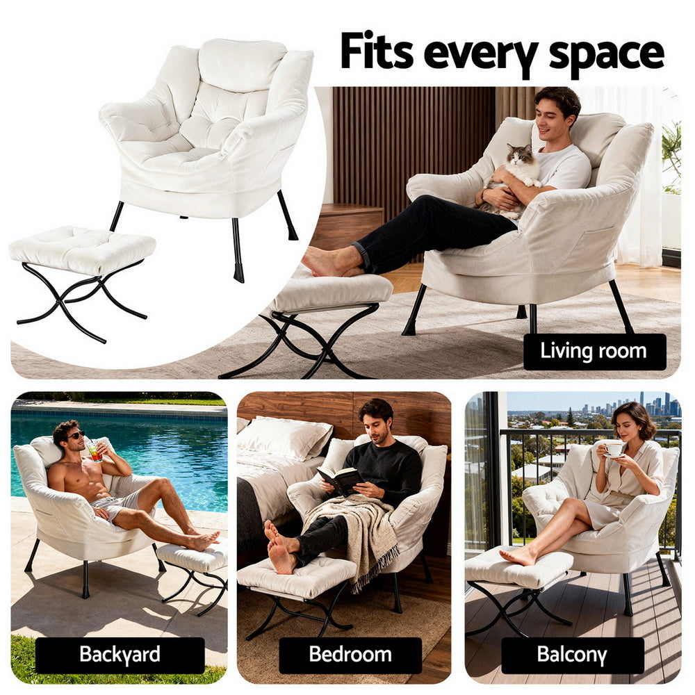 Amelia Velvet Armchair with Footrest - White - Homecoze