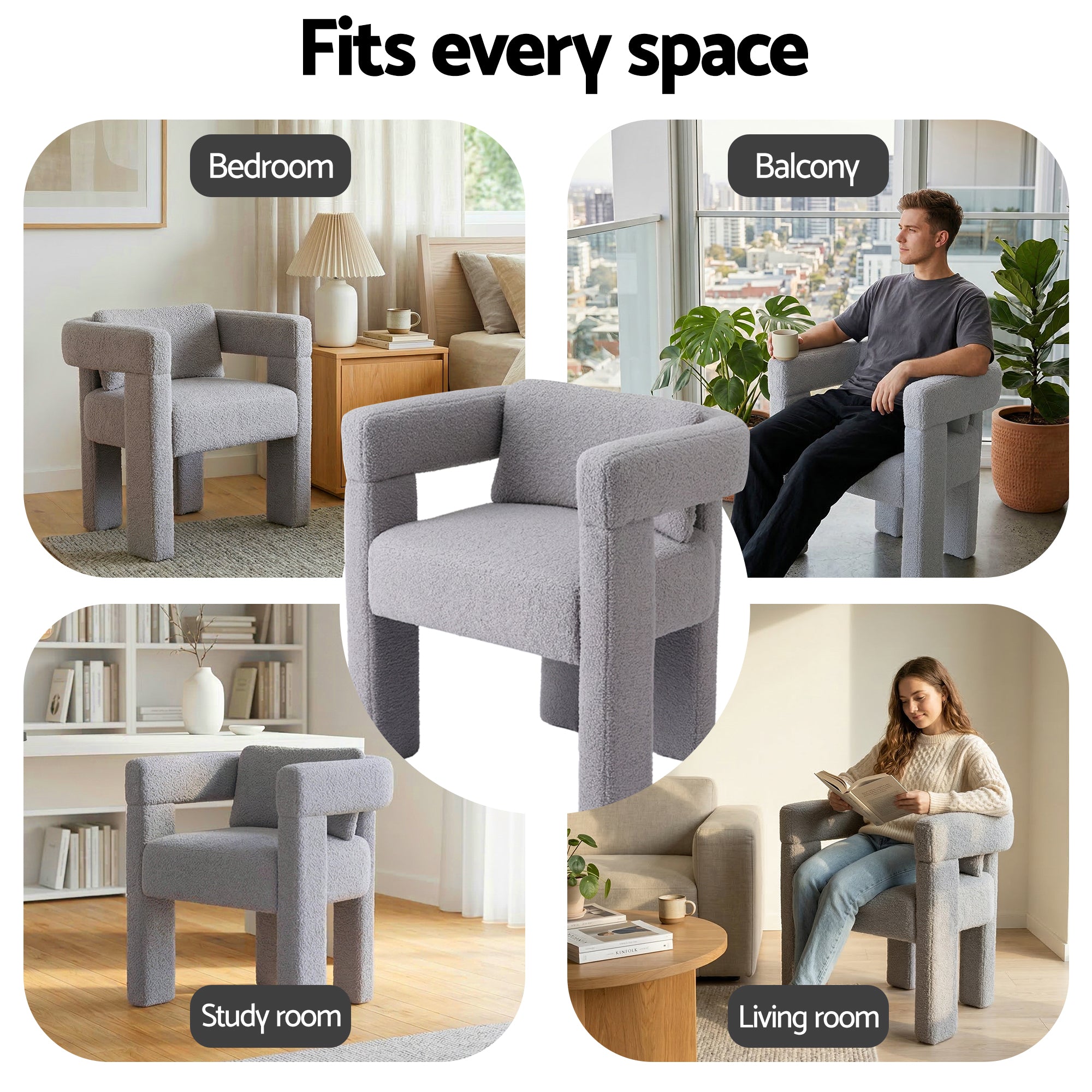 Artiss Armchair Accent Chair Lounge Sofa Couch Boucle Fabric Grey - Homecoze