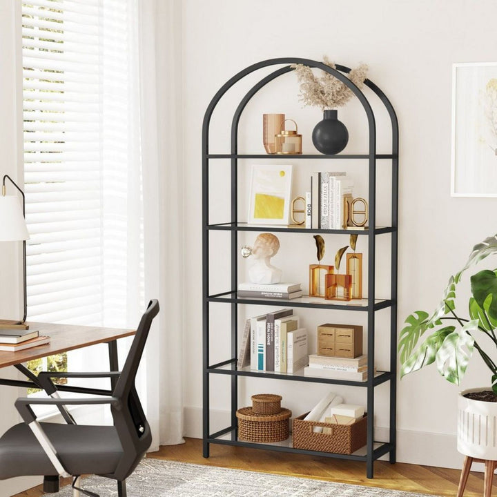 Glass Shelf 5-Tier Arched Display Book Shelf - Black