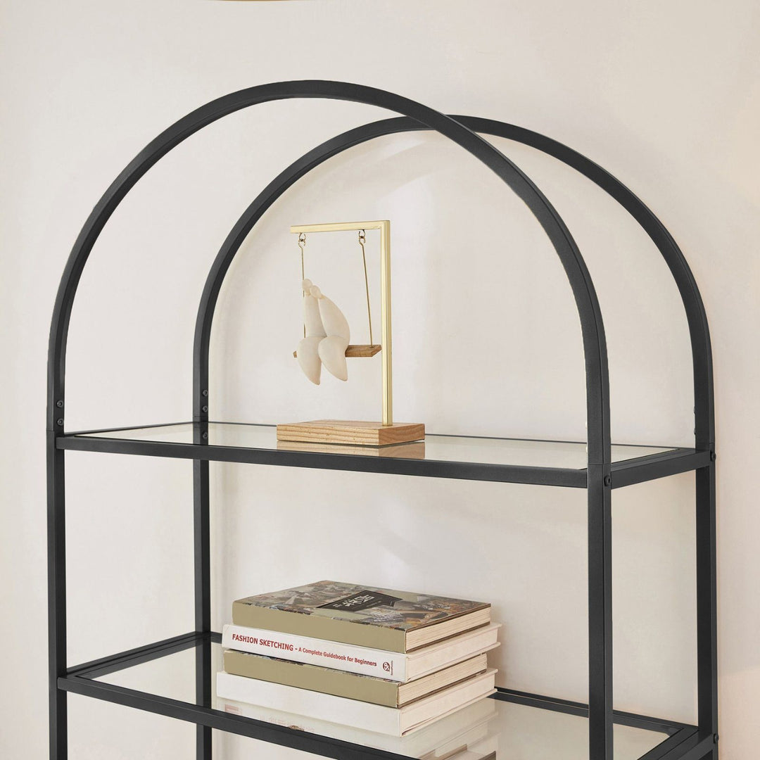 Glass Shelf 5-Tier Arched Display Book Shelf - Black