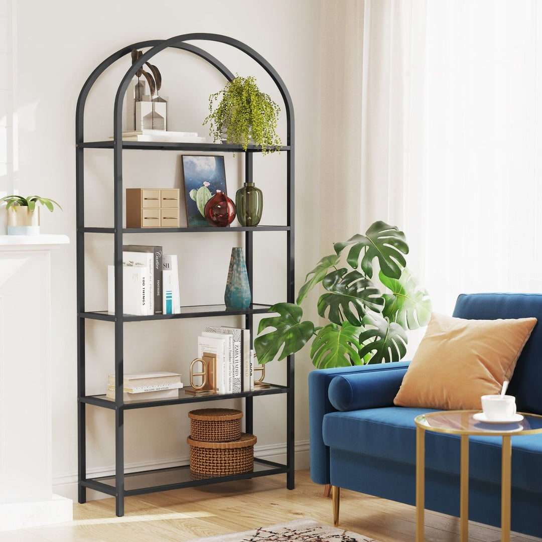 Glass Shelf 5-Tier Arched Display Book Shelf - Black