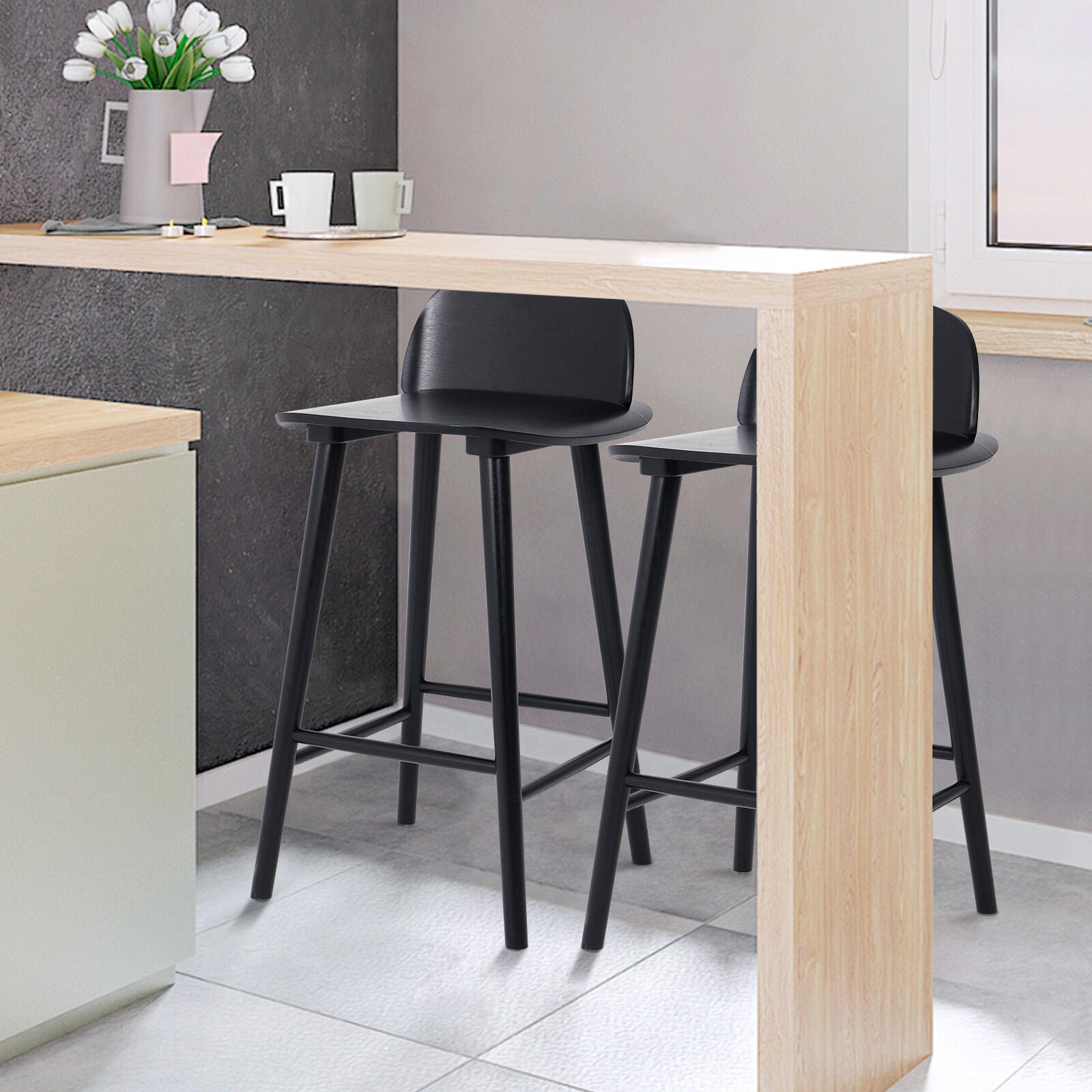 Elio (Set of 2) Wooden Bar Stools 65cm - Black - Homecoze