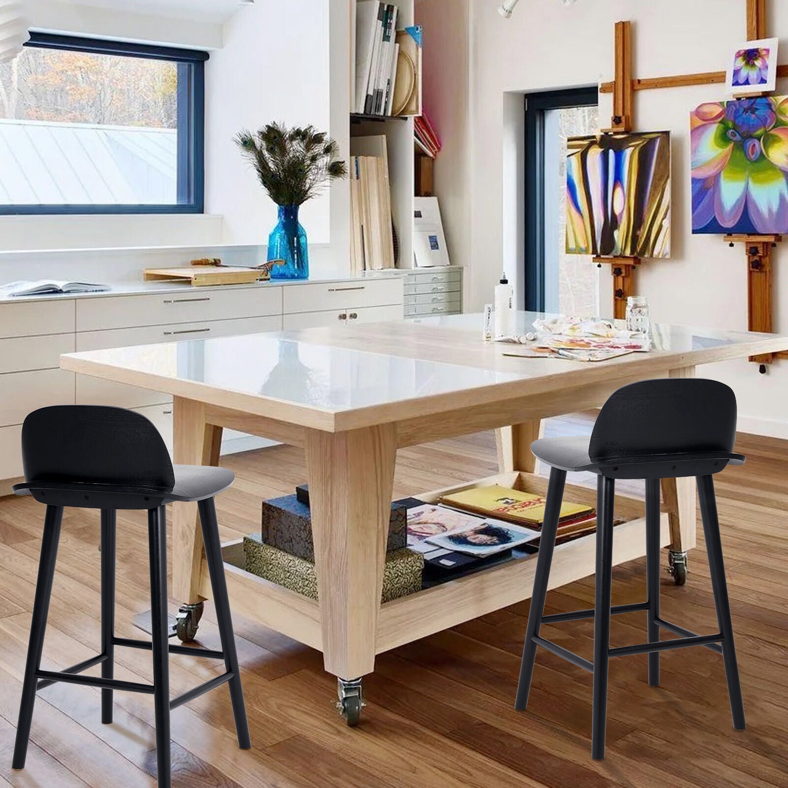 Elio (Set of 2) Wooden Bar Stools 65cm - Black - Homecoze