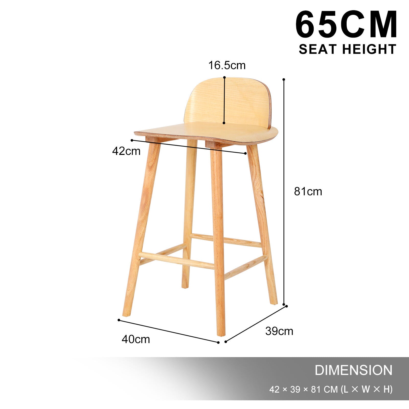 Elio (Single) Wooden Bar Stool 65cm - Oak - Homecoze