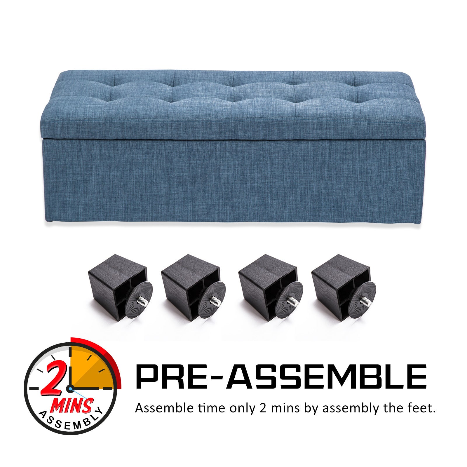 Blue Faux Linen Fabric Storage Blanket Box Ottoman Stool - 102cm - Homecoze