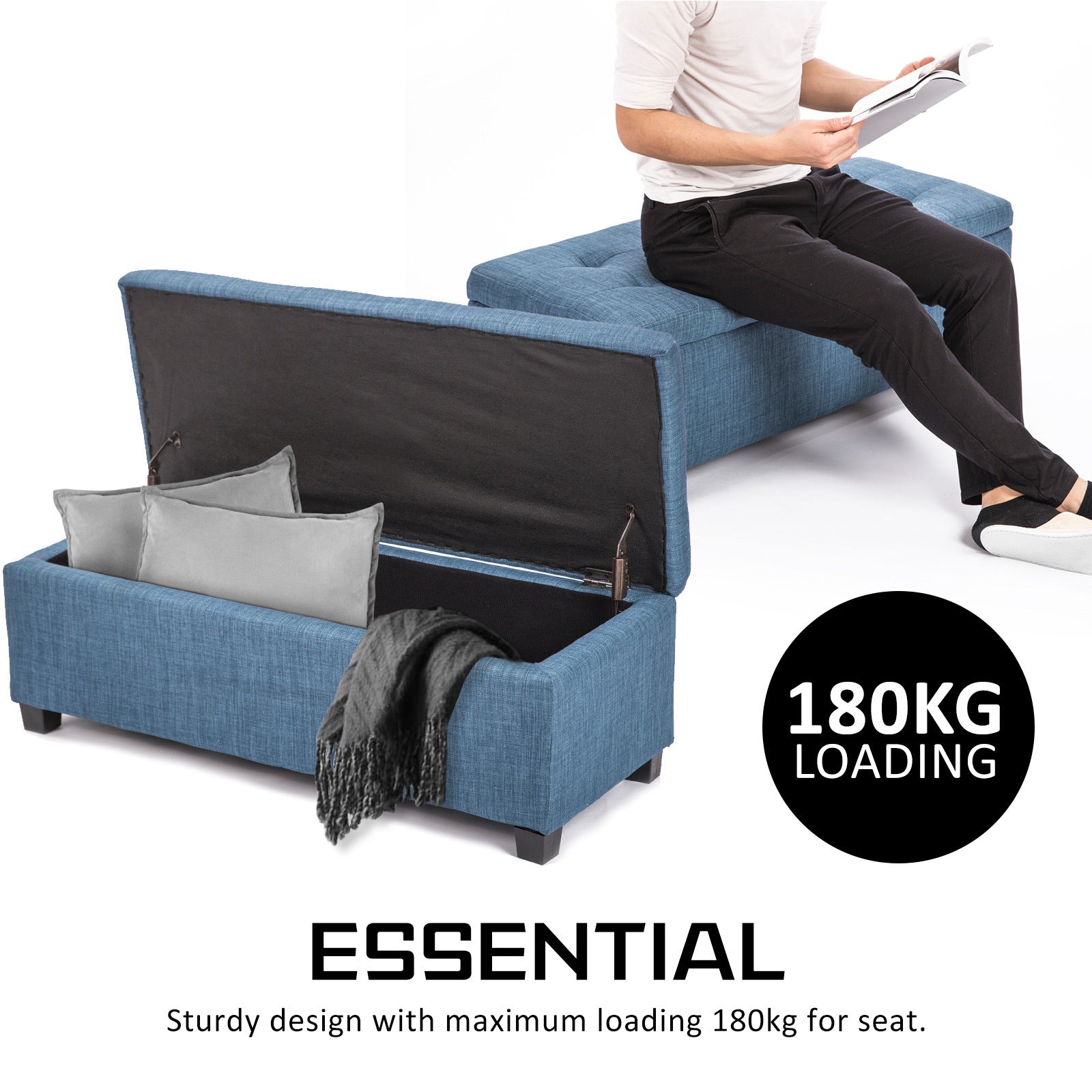 Blue Faux Linen Fabric Storage Blanket Box Ottoman Stool - 102cm - Homecoze