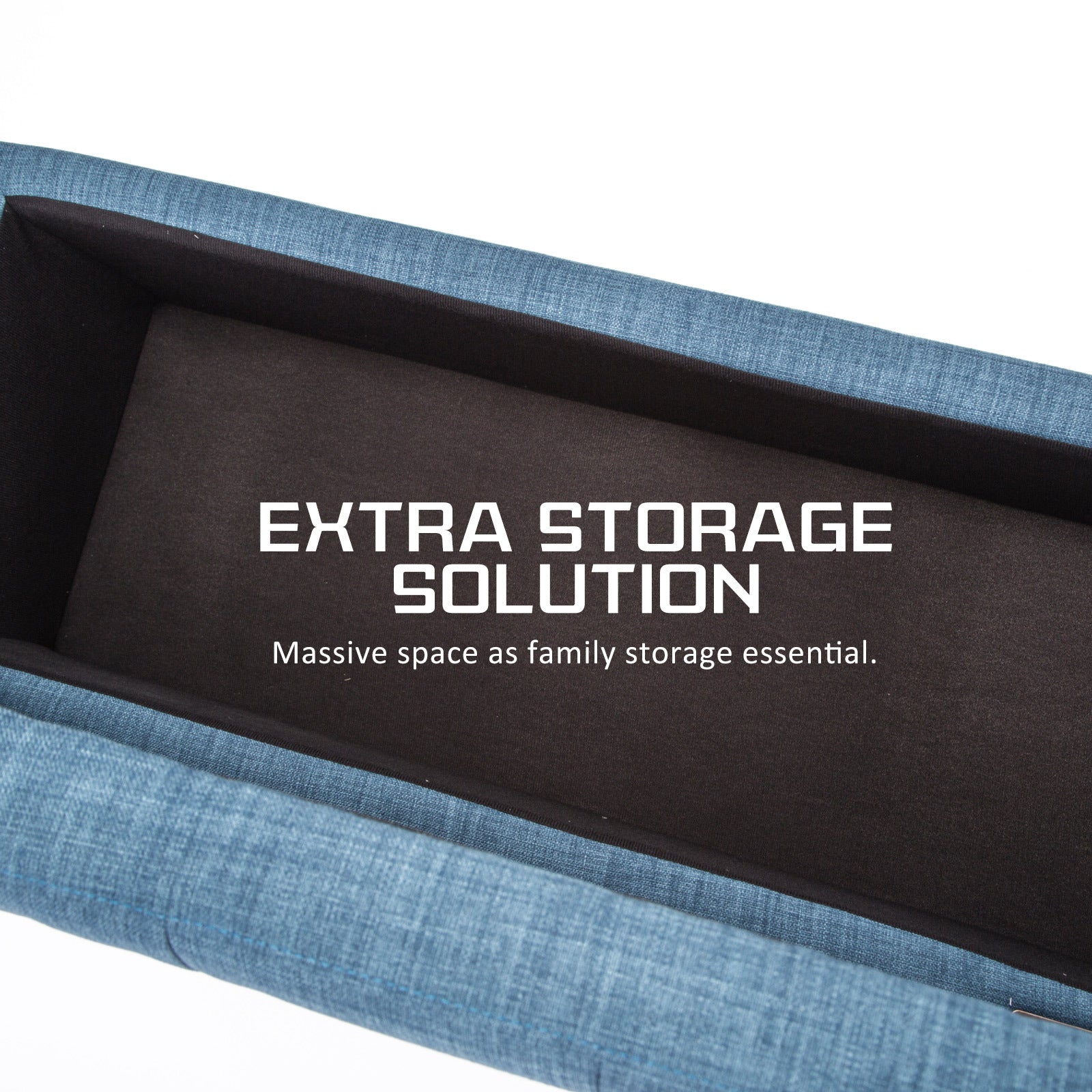 Blue Faux Linen Fabric Storage Blanket Box Ottoman Stool - 102cm - Homecoze