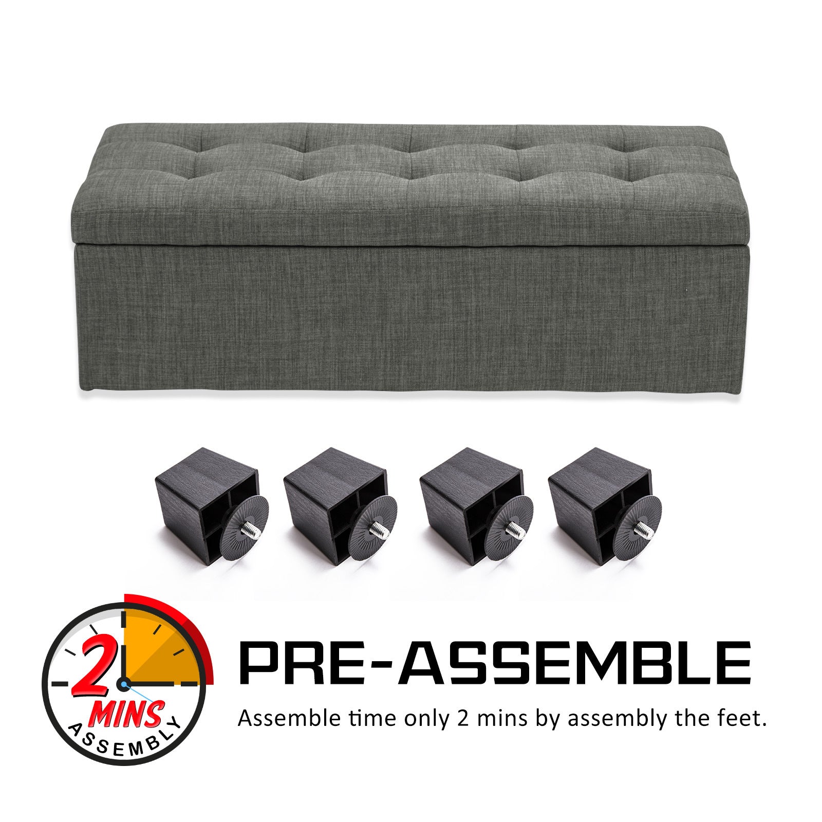 Dark Grey Faux Linen Fabric Storage Blanket Box Ottoman Stool - 102cm - Homecoze