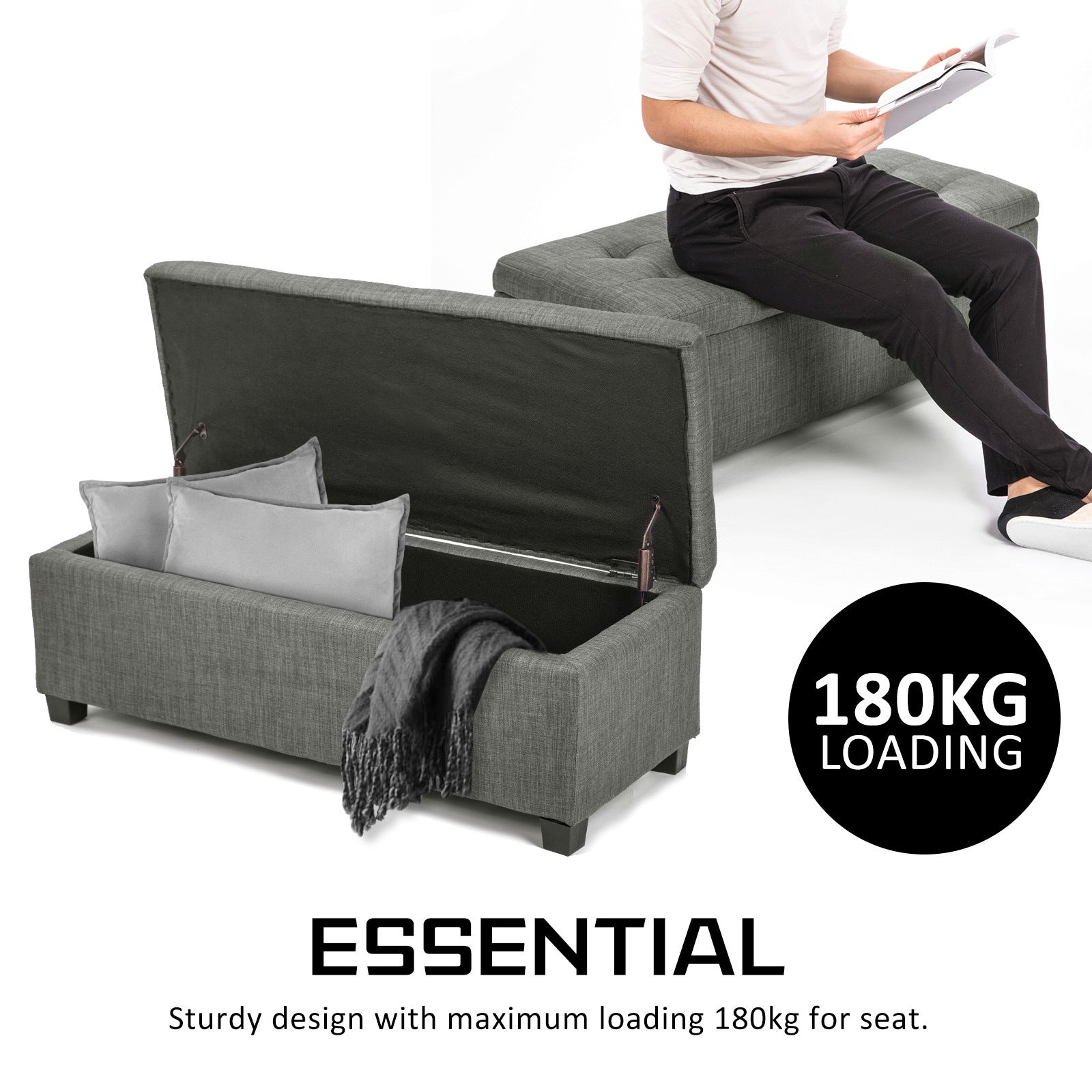 Dark Grey Faux Linen Fabric Storage Blanket Box Ottoman Stool - 102cm - Homecoze