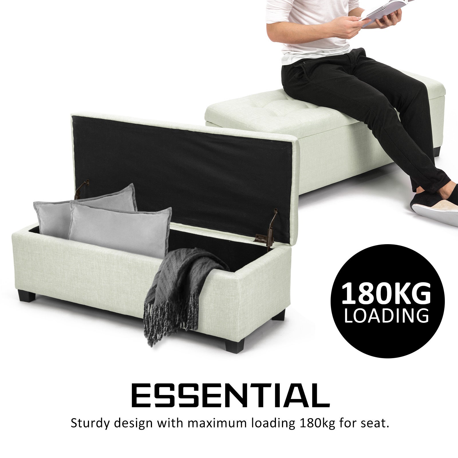 Light Green Storage Ottoman Stool Faux Linen Fabric 102cm - Homecoze