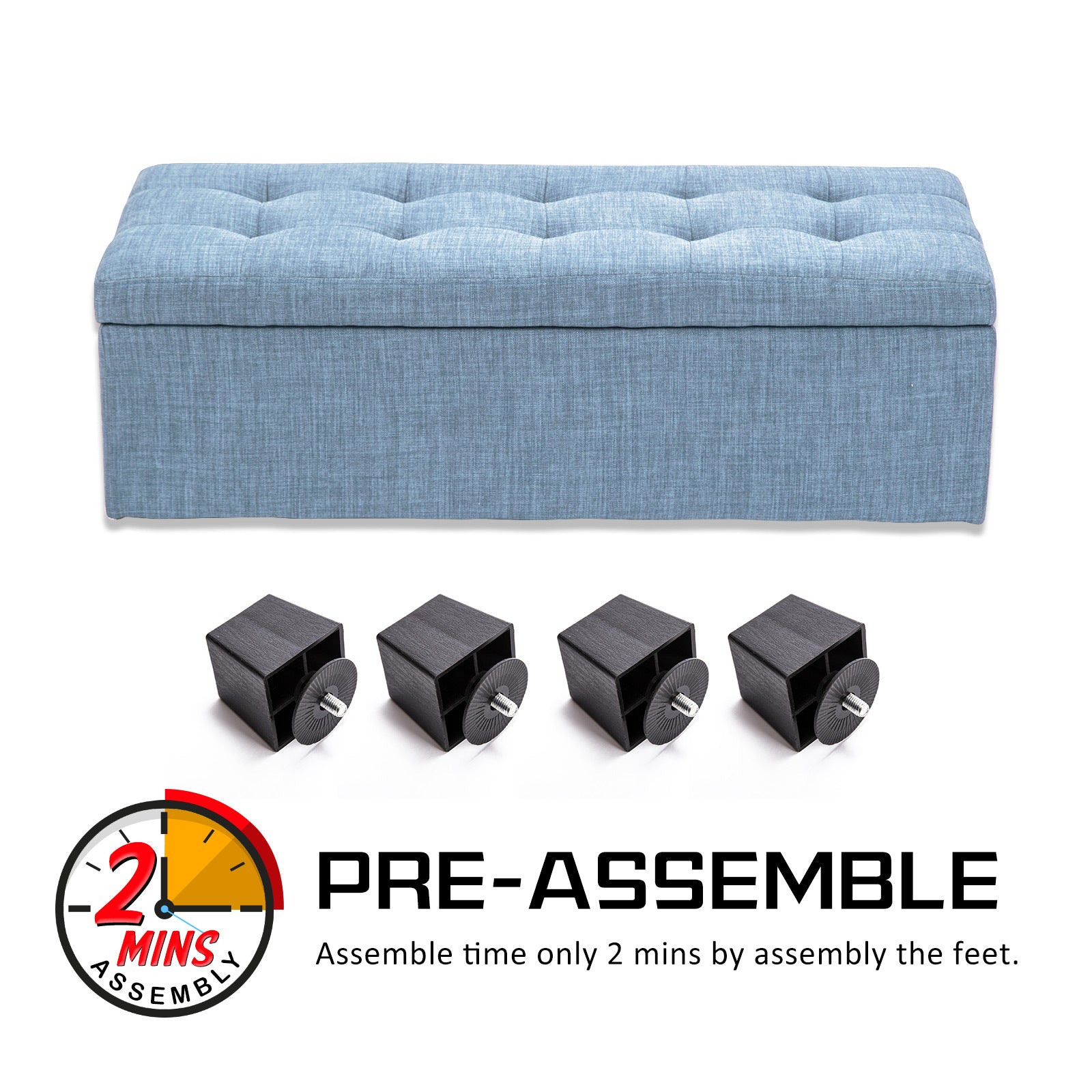 Light Blue Faux Linen Fabric Storage Blanket Box Ottoman Stool - 102cm - Homecoze