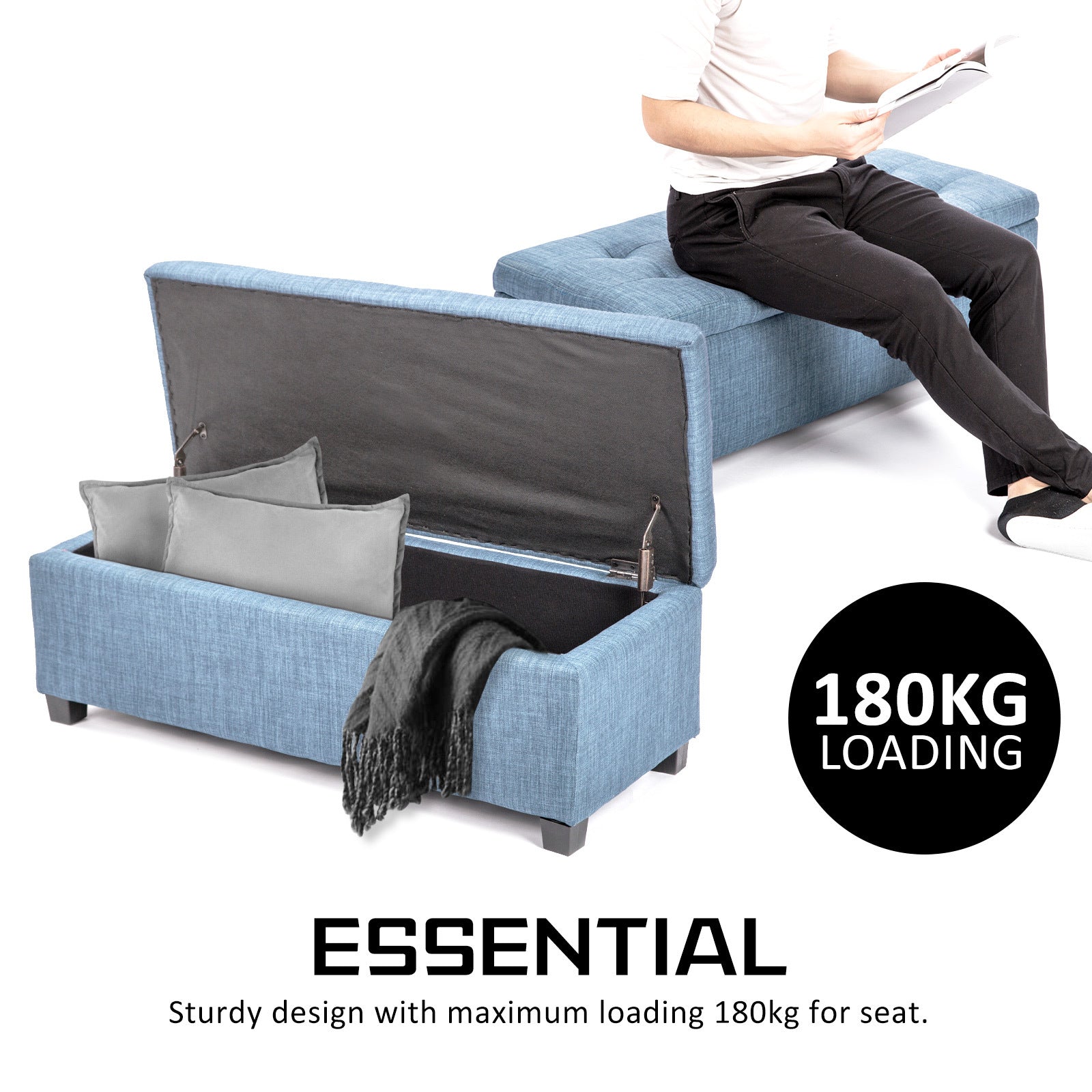 Light Blue Faux Linen Fabric Storage Blanket Box Ottoman Stool - 102cm - Homecoze