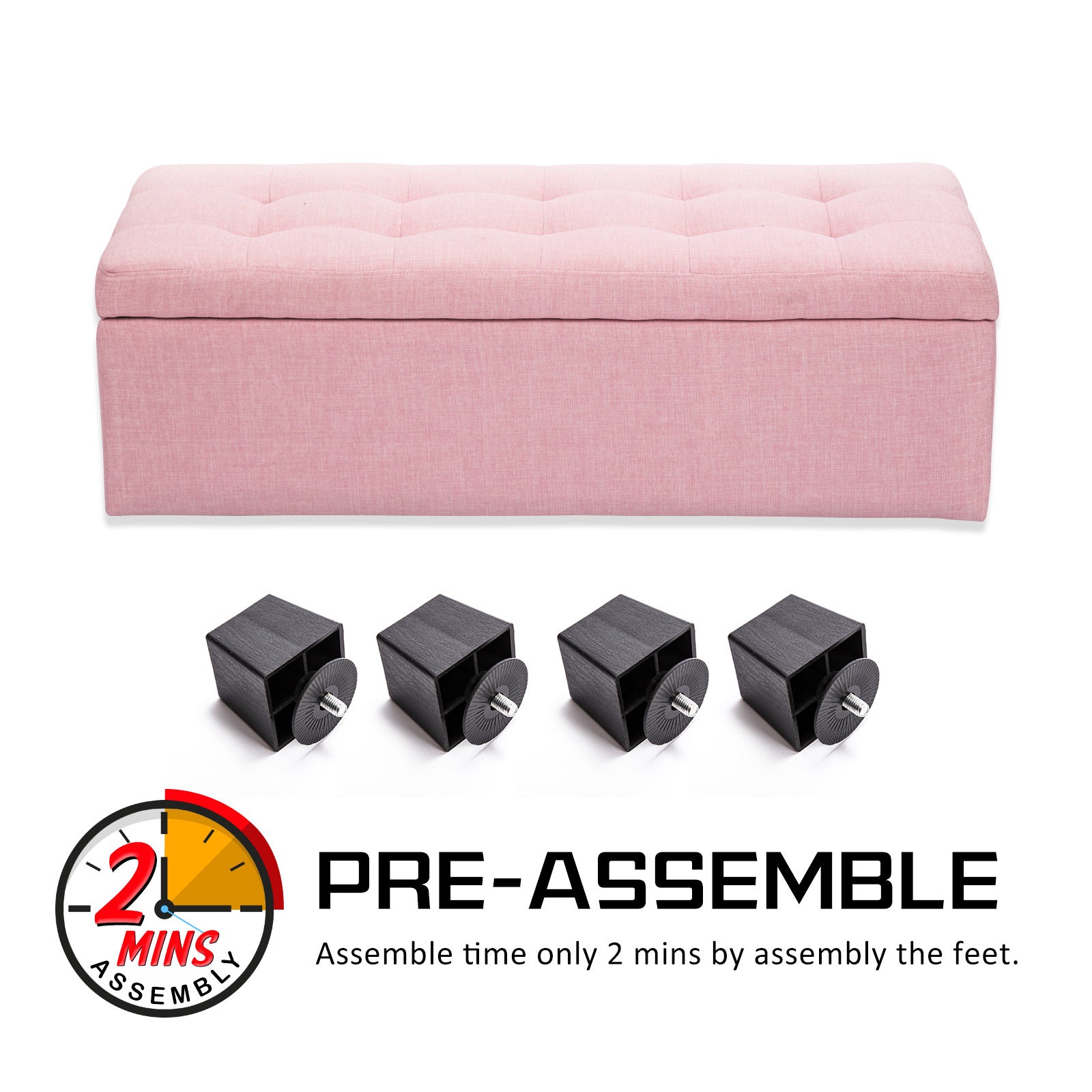 Pink Faux Linen Fabric Storage Blanket Box Ottoman Stool - 102cm - Homecoze