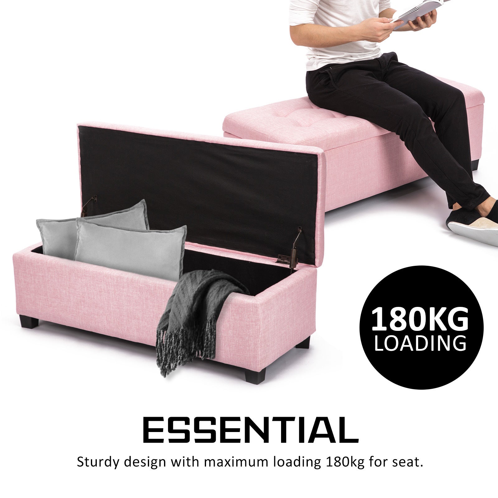 Pink Faux Linen Fabric Storage Blanket Box Ottoman Stool - 102cm - Homecoze