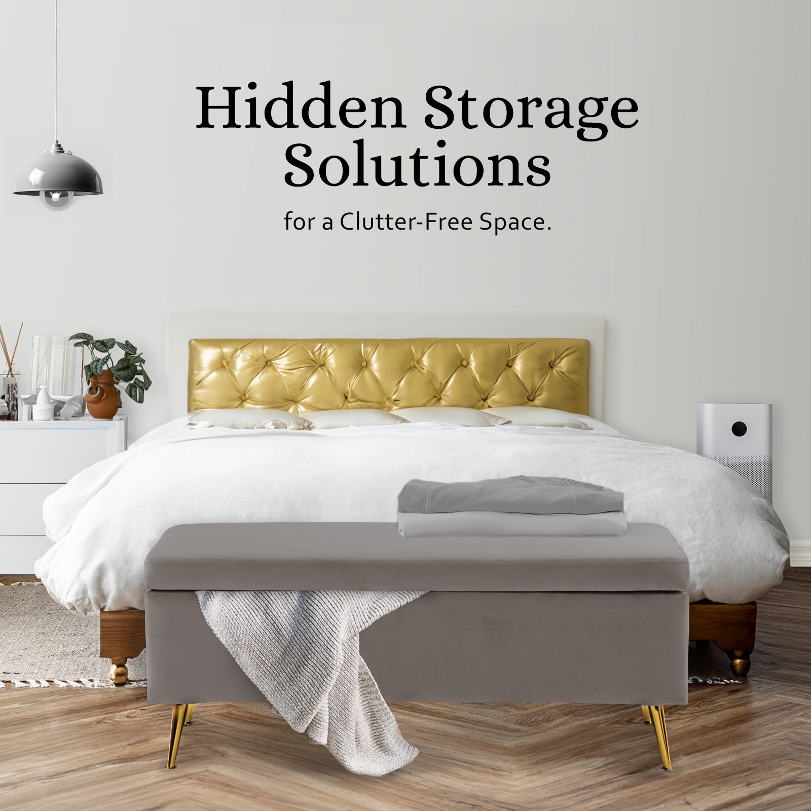 Velvet Storage Ottoman Bench Seat 110cm - Grey - Homecoze