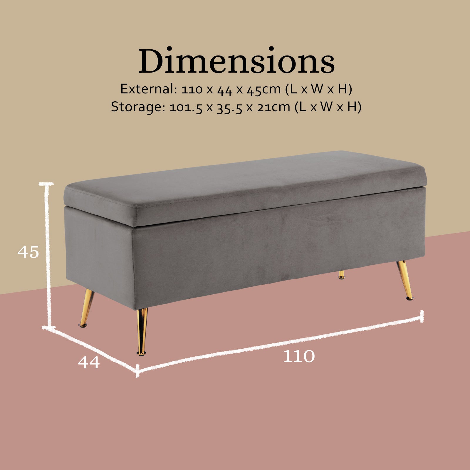 Velvet Storage Ottoman Bench Seat 110cm - Grey - Homecoze