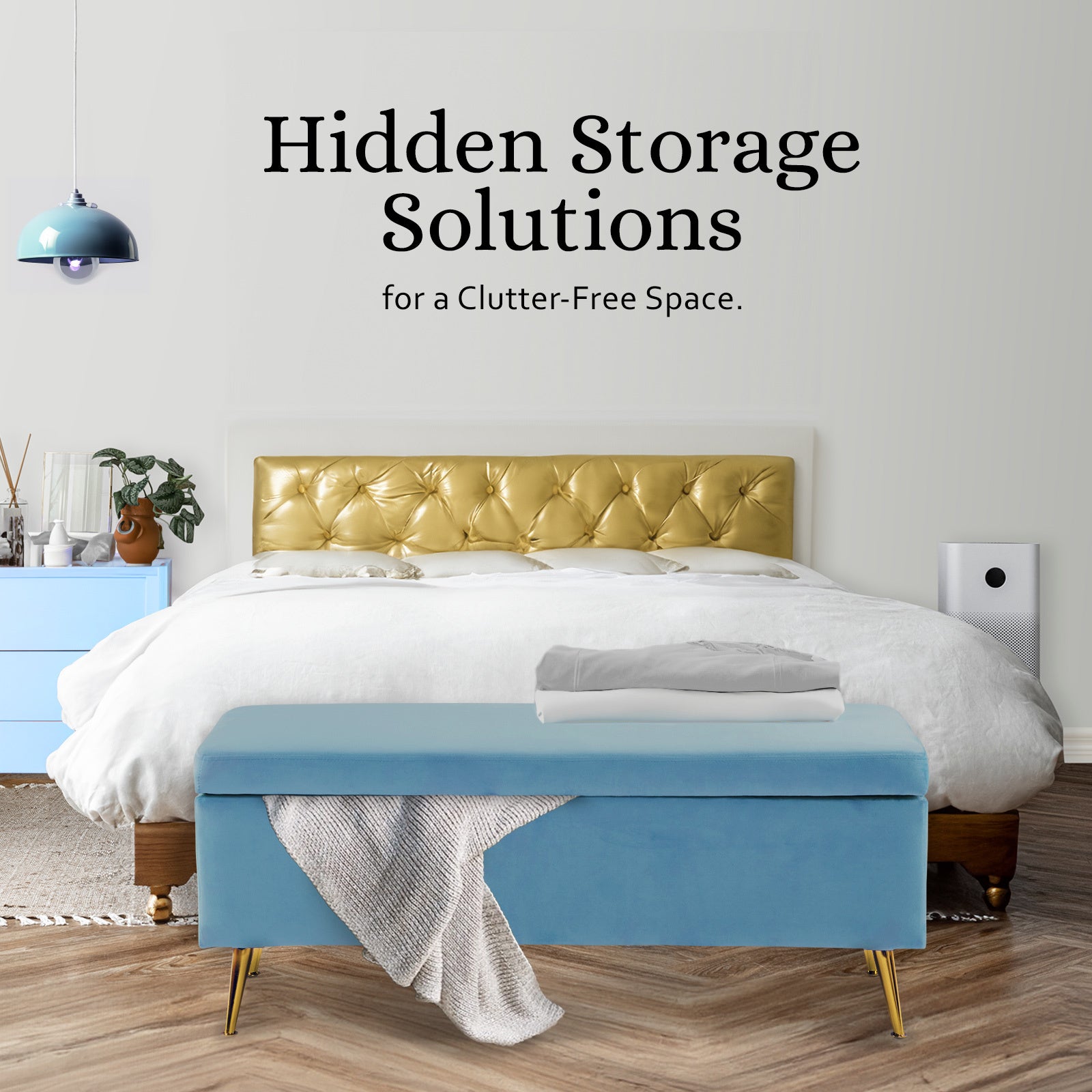 Velvet Storage Ottoman Bench Seat 110cm - Blue - Homecoze