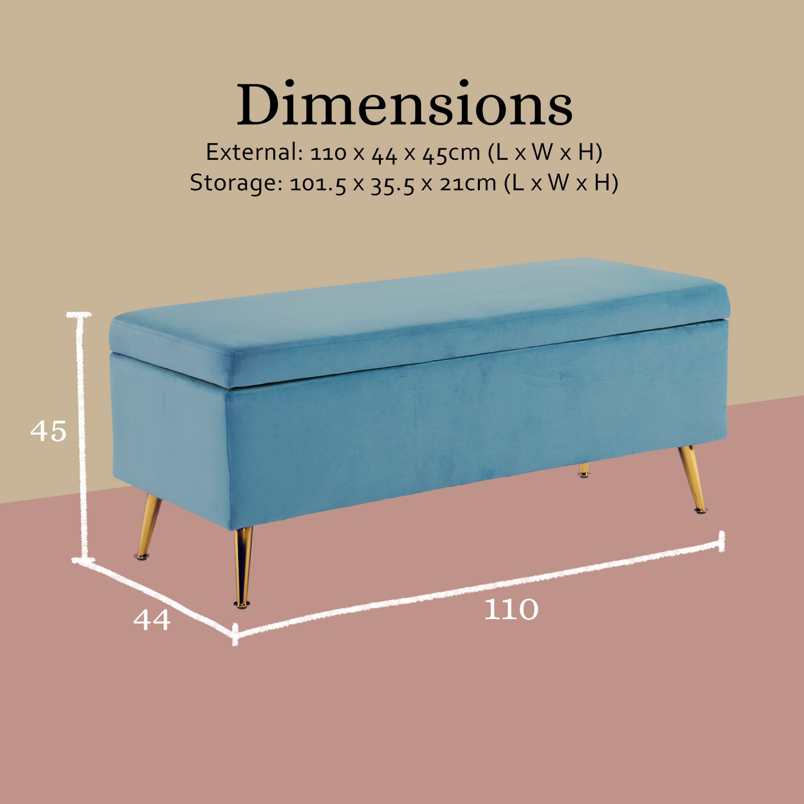 Velvet Storage Ottoman Bench Seat 110cm - Blue - Homecoze