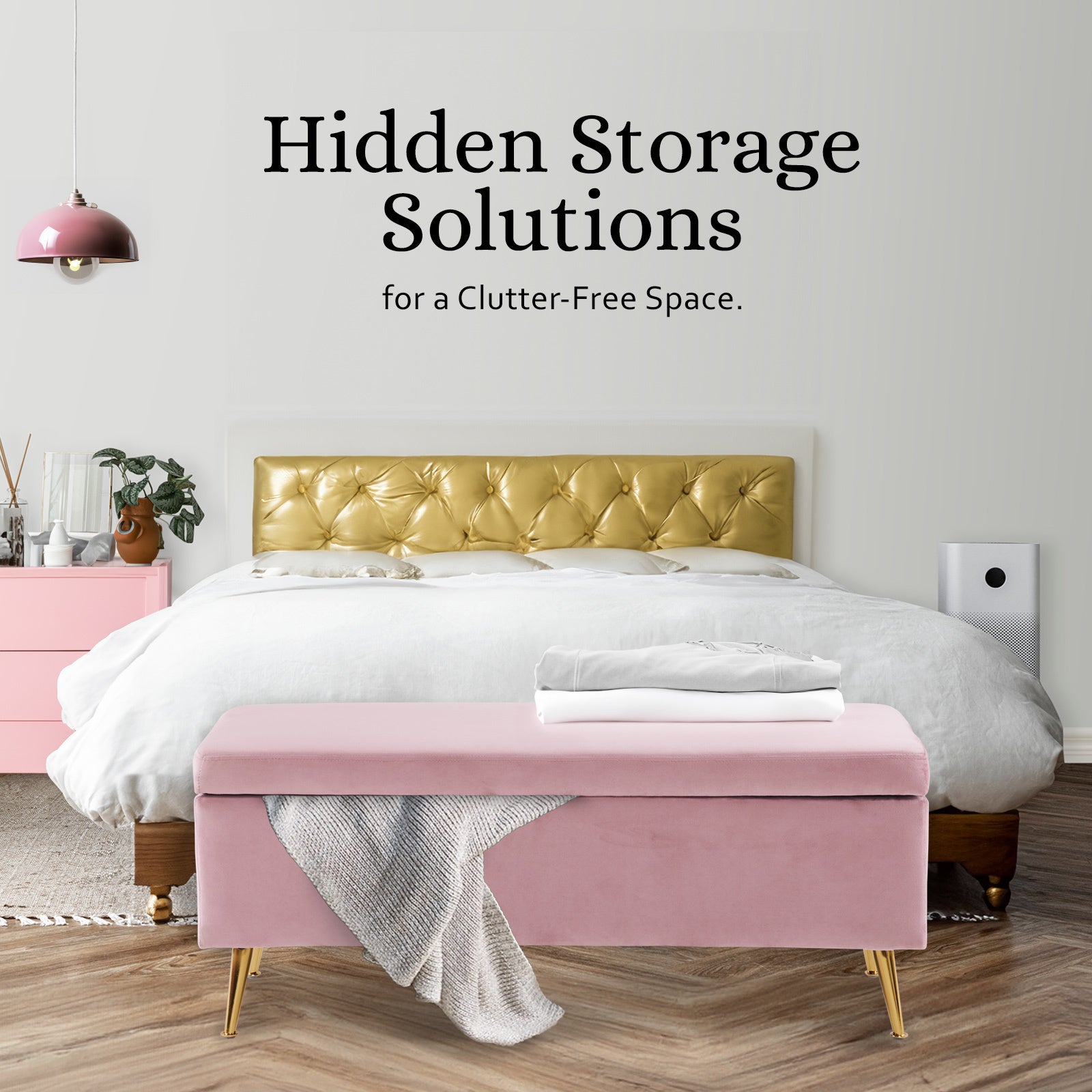 Velvet Storage Ottoman Bench Seat 110cm - Pink - Homecoze