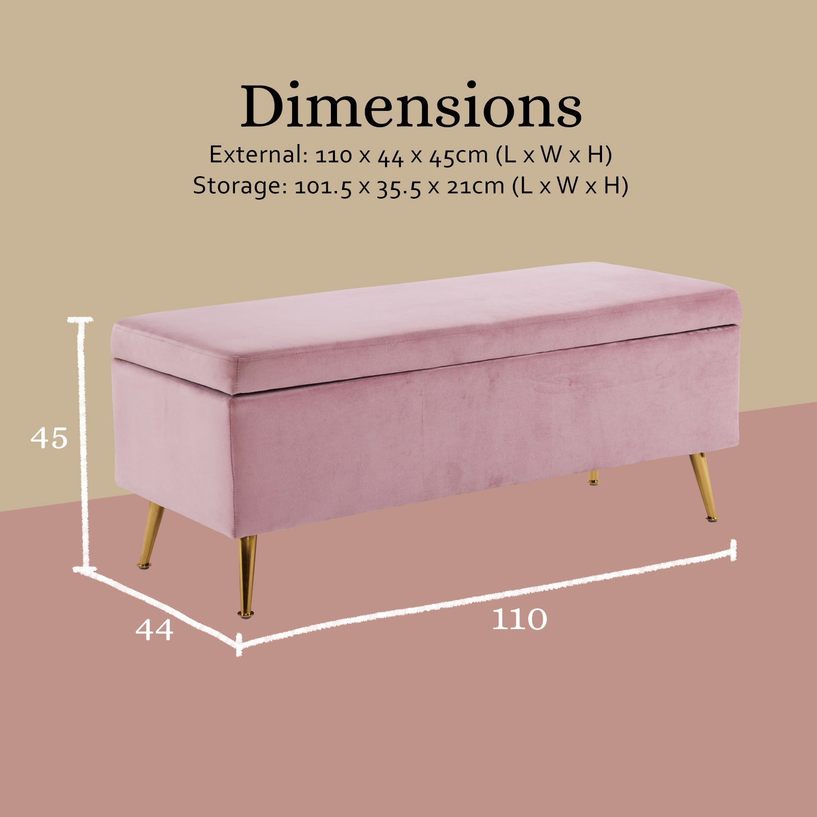 Velvet Storage Ottoman Bench Seat 110cm - Pink - Homecoze