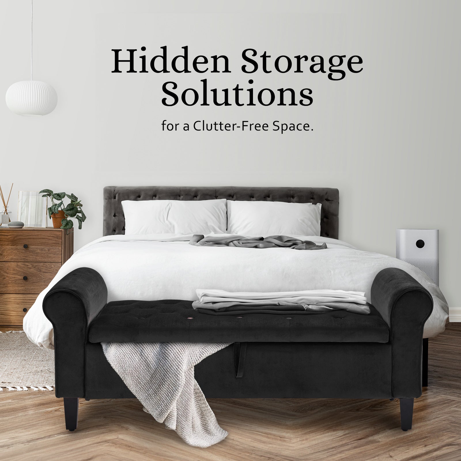 Velvet Storage Ottoman Bench Seat 132cm - Black - Homecoze