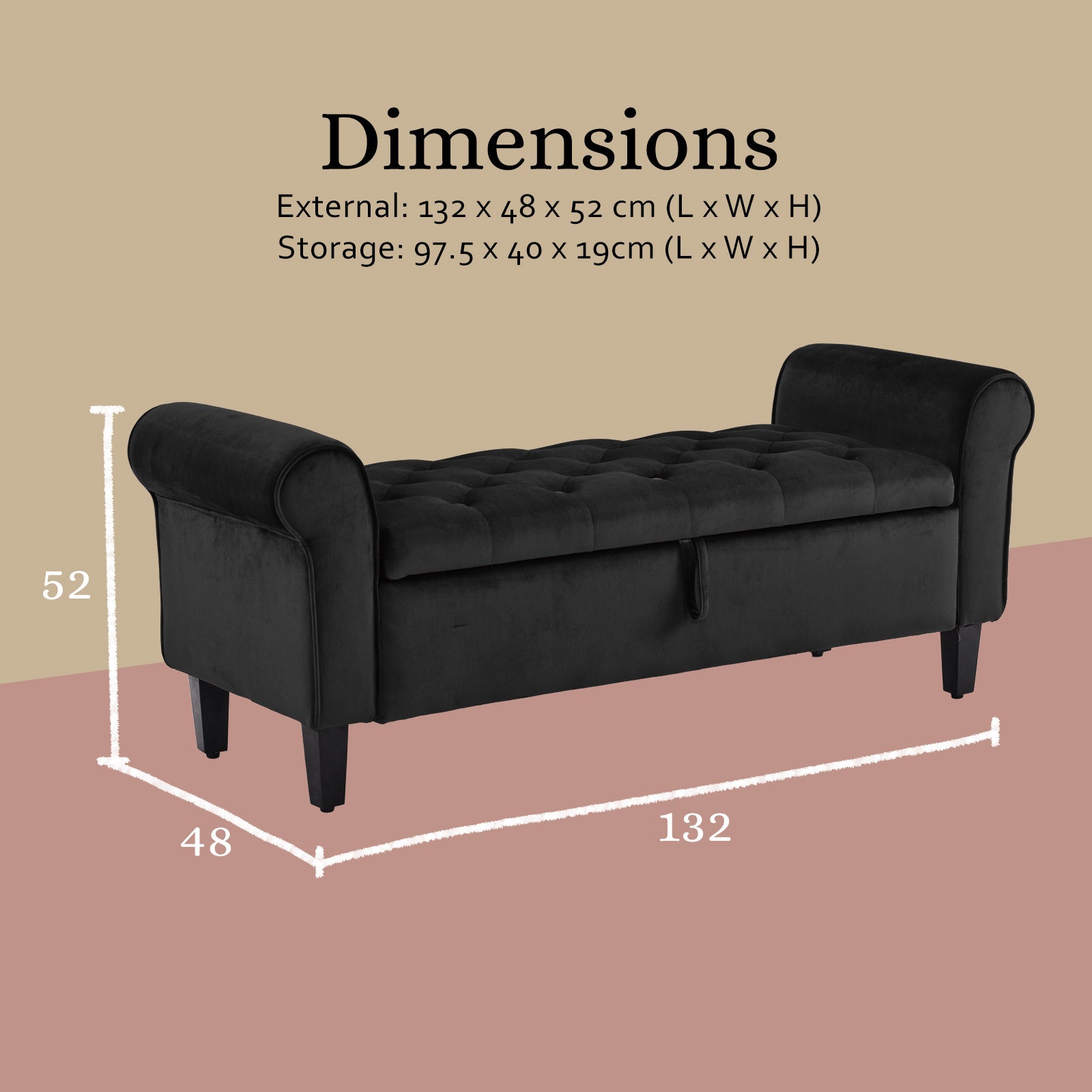 Velvet Storage Ottoman Bench Seat 132cm - Black - Homecoze