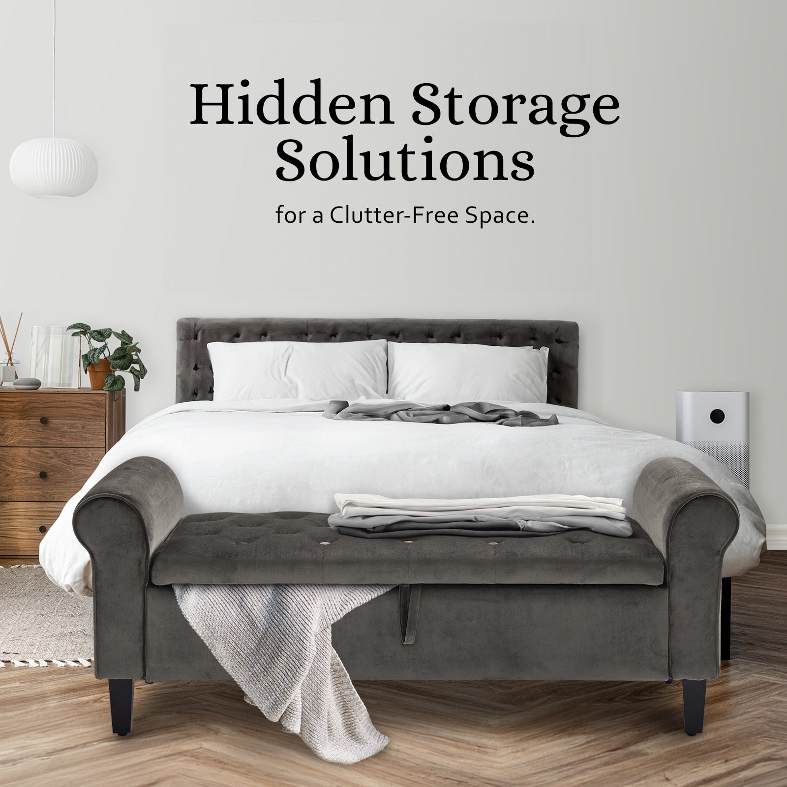 Velvet Storage Ottoman Bench Seat 132cm - Grey - Homecoze