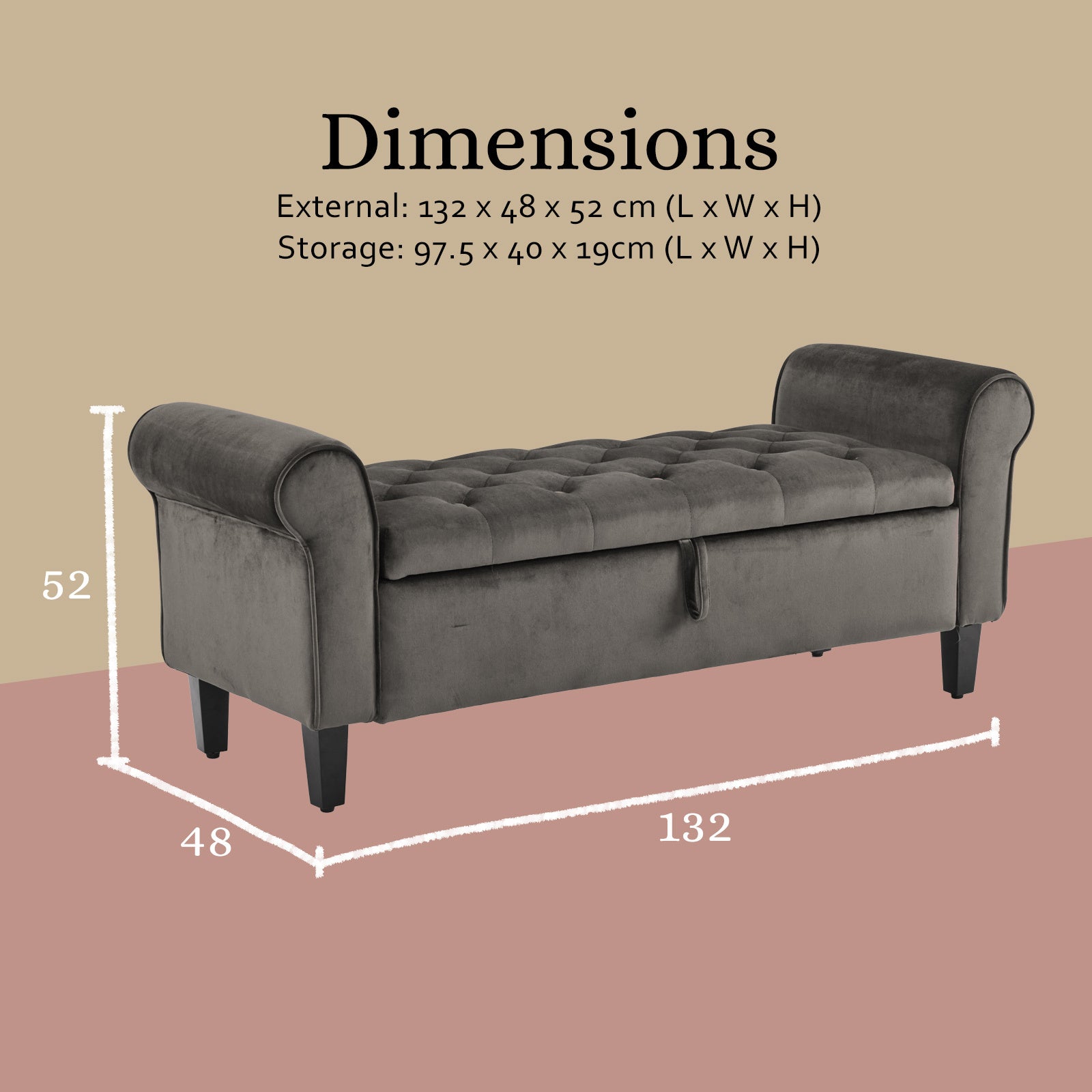 Velvet Storage Ottoman Bench Seat 132cm - Grey - Homecoze