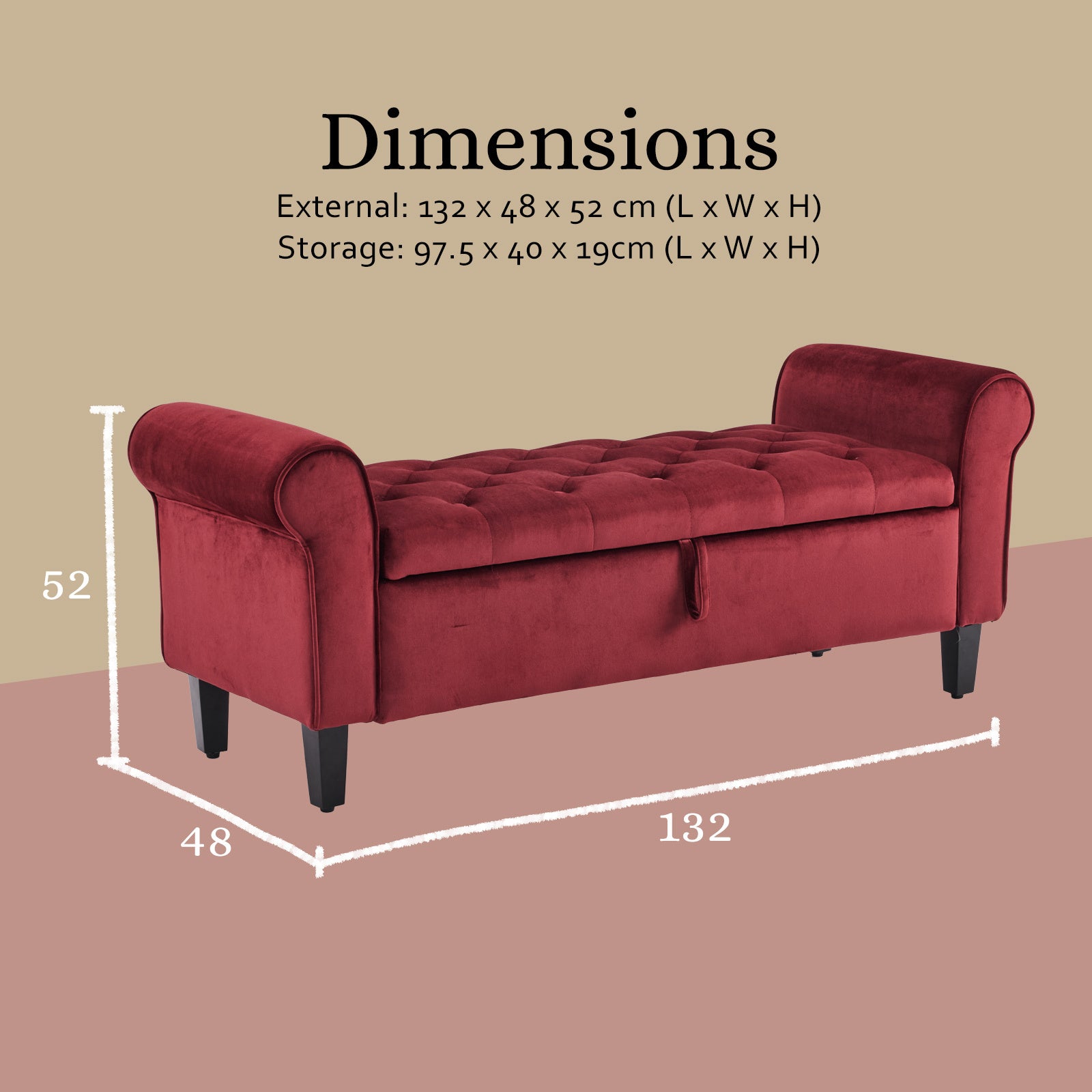 Velvet Storage Ottoman Bench Seat 132cm - Red - Homecoze