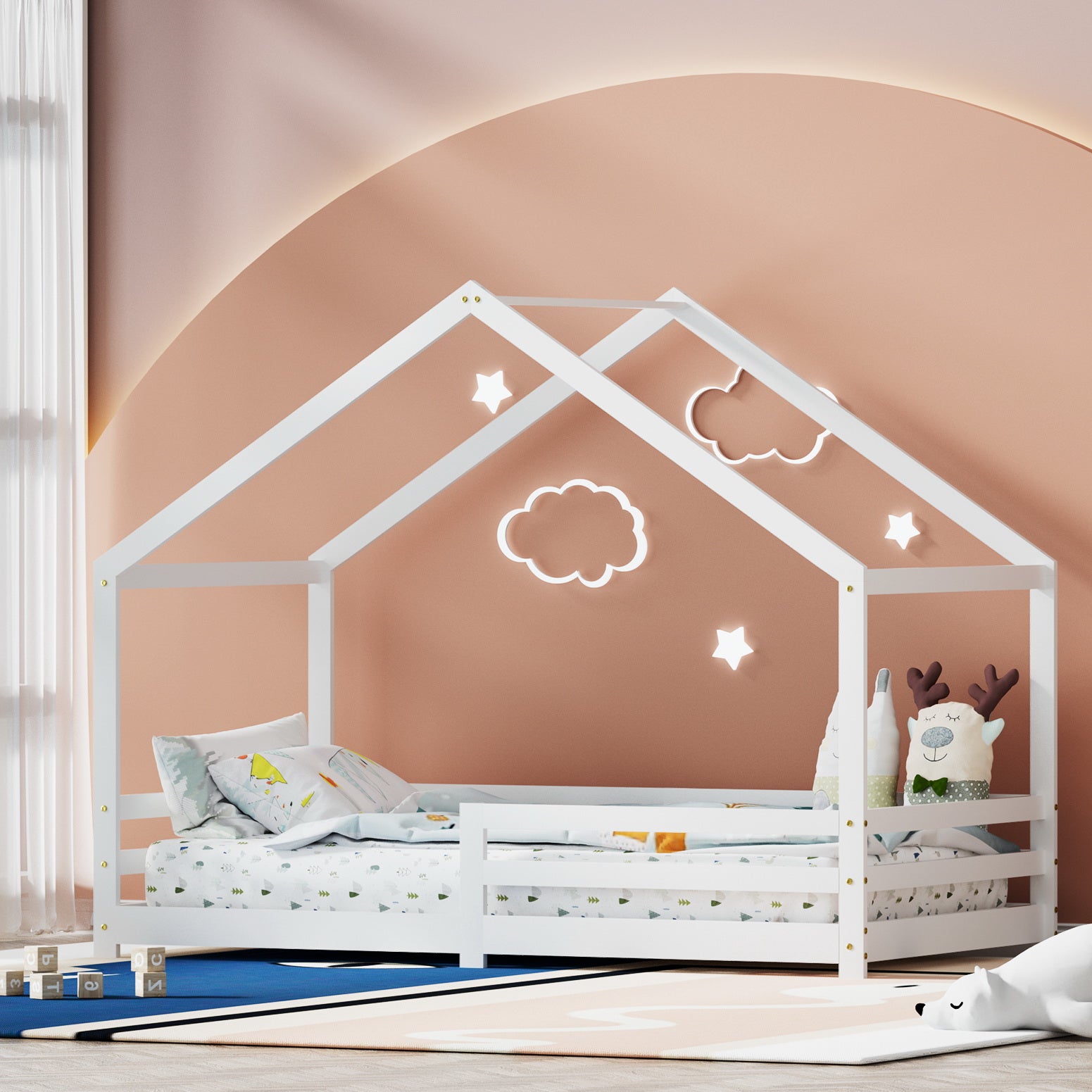 Sammy (Single) Kids Wooden House Bed Frame - White - Homecoze