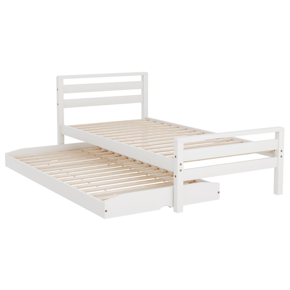Single Size 2-in-1 Dual Trundle Wooden Bed Frames - White - Homecoze