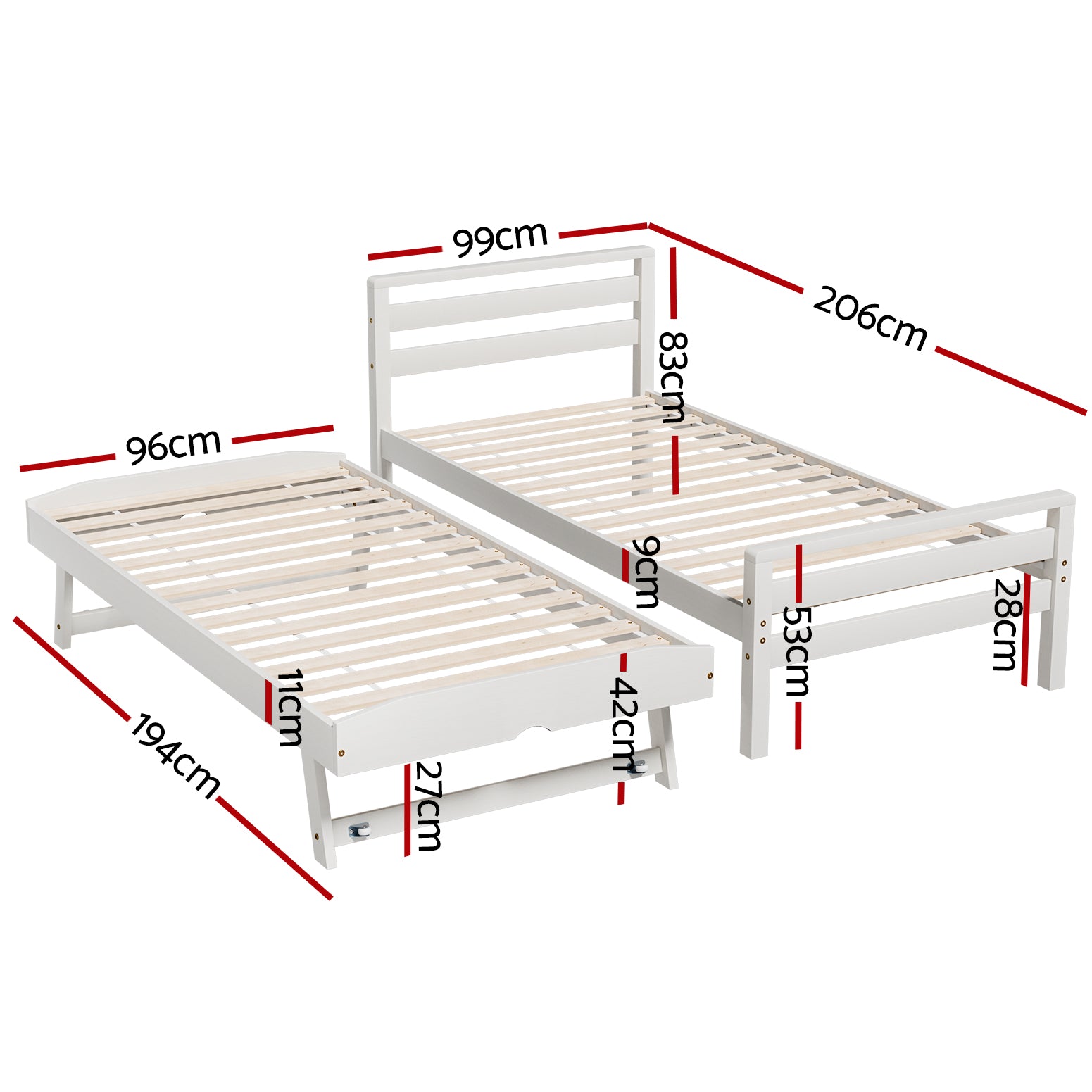 Single Size 2-in-1 Dual Trundle Wooden Bed Frames - White - Homecoze