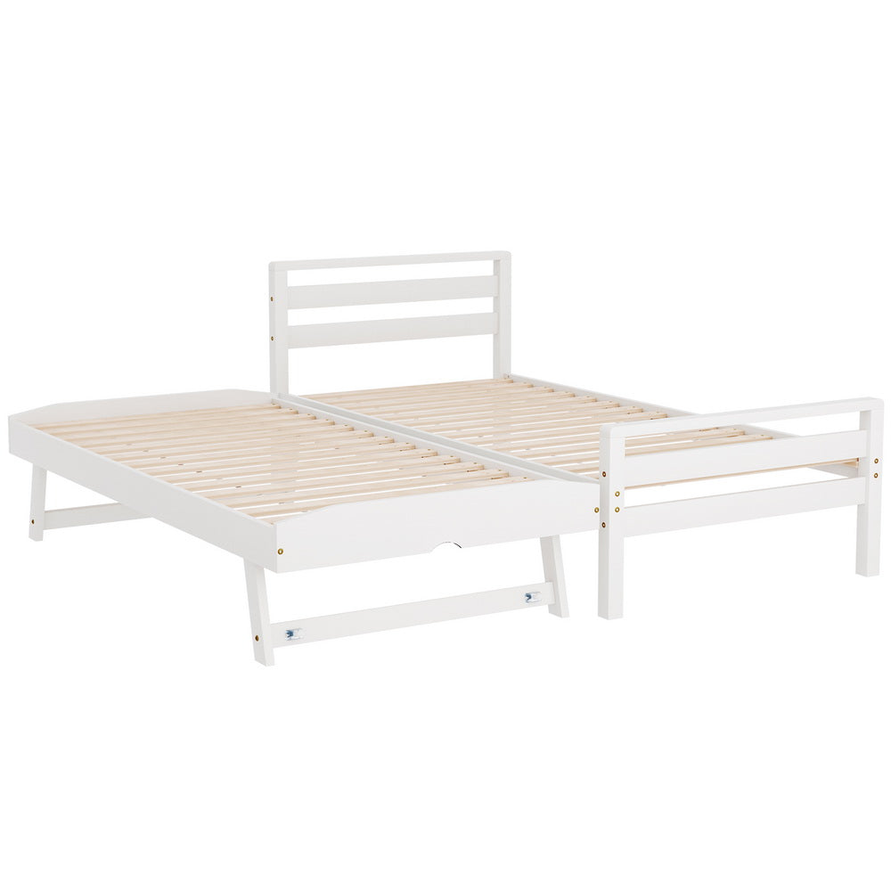 Single Size 2-in-1 Dual Trundle Wooden Bed Frames - White - Homecoze