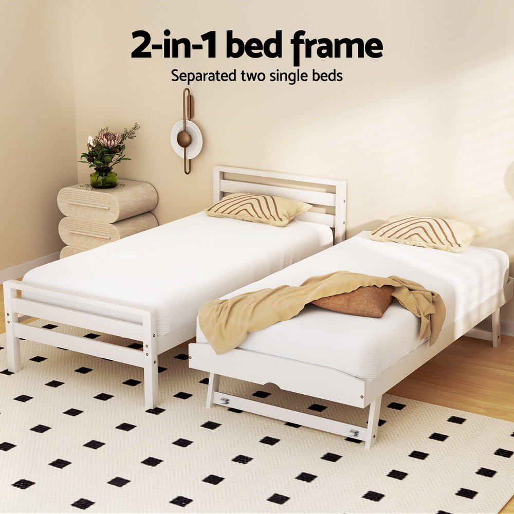 Single Size 2-in-1 Dual Trundle Wooden Bed Frames - White - Homecoze