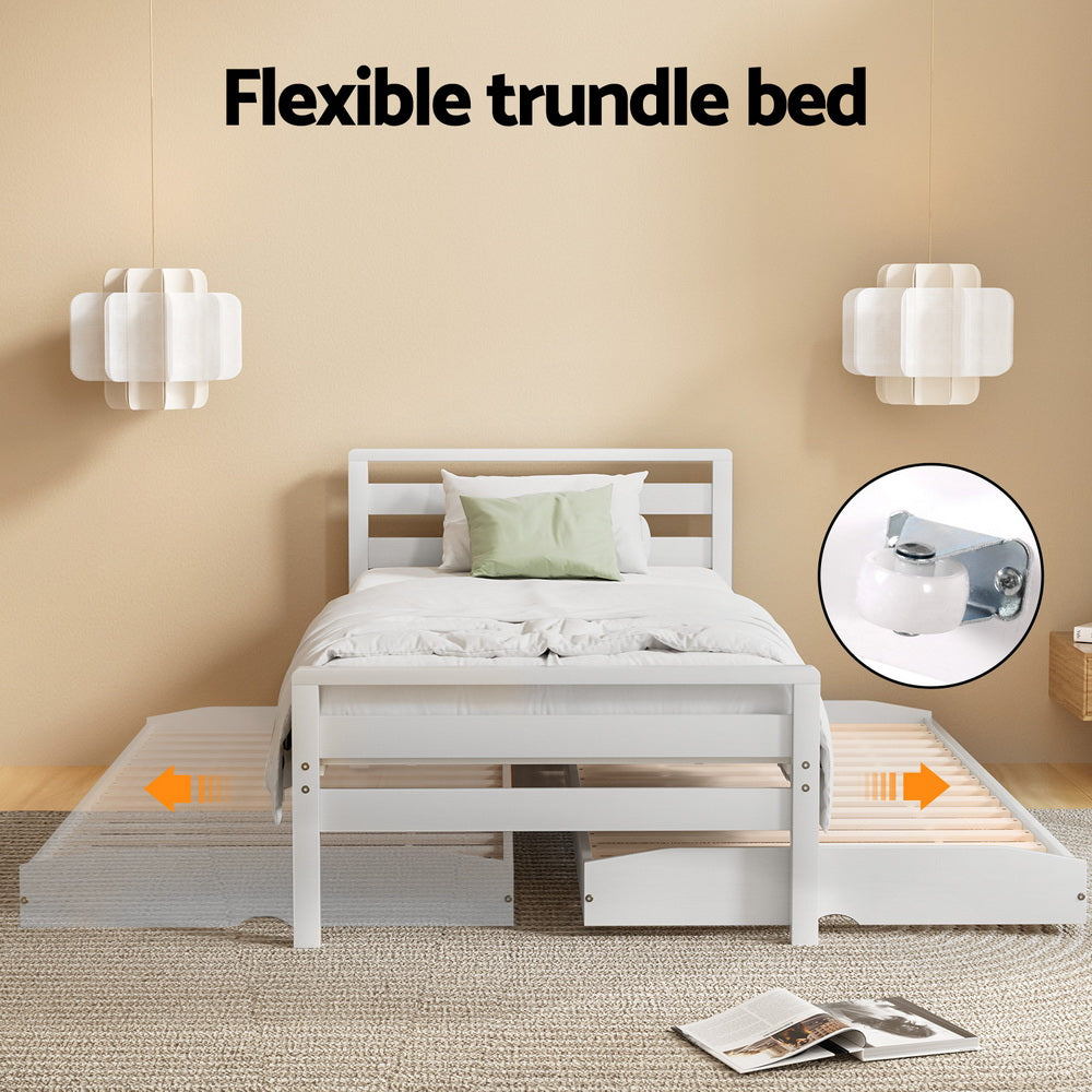 Single Size 2-in-1 Dual Trundle Wooden Bed Frames - White - Homecoze