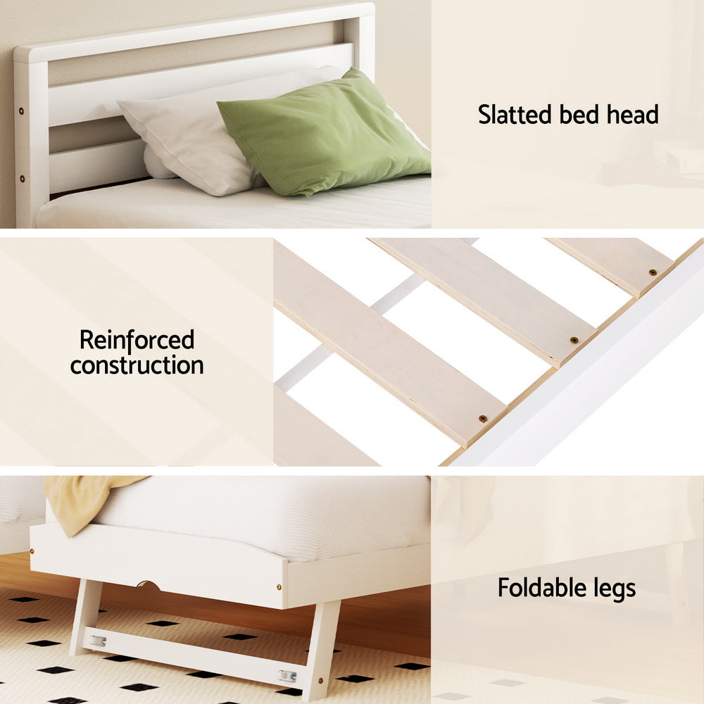 Single Size 2-in-1 Dual Trundle Wooden Bed Frames - White - Homecoze