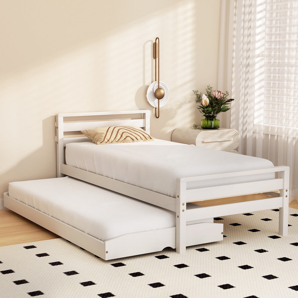 Single Size 2-in-1 Dual Trundle Wooden Bed Frames - White