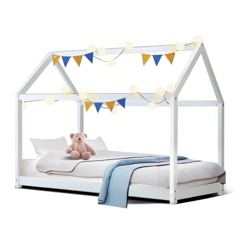 Finn (Single) Kids Wooden House Bed Frame - White - Homecoze