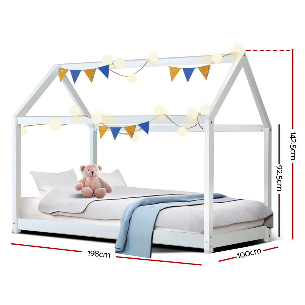 Finn (Single) Kids Wooden House Bed Frame - White