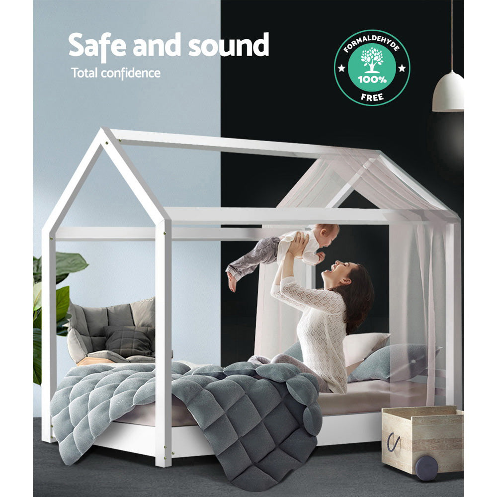 Finn (Single) Kids Wooden House Bed Frame - White - Homecoze
