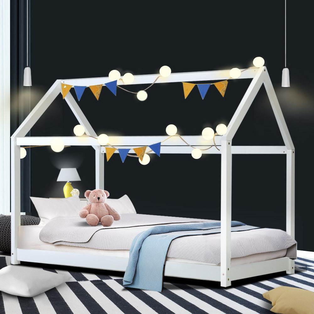 Finn (Single) Kids Wooden House Bed Frame - White - Homecoze