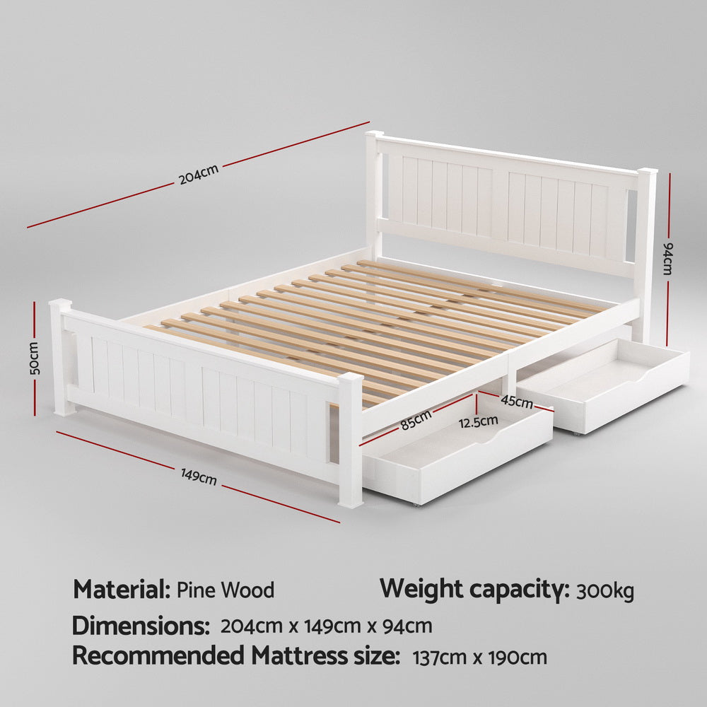 Artiss Bed Frame Double Size Wooden Platform with 2 Storage Drawers White RIO - Homecoze