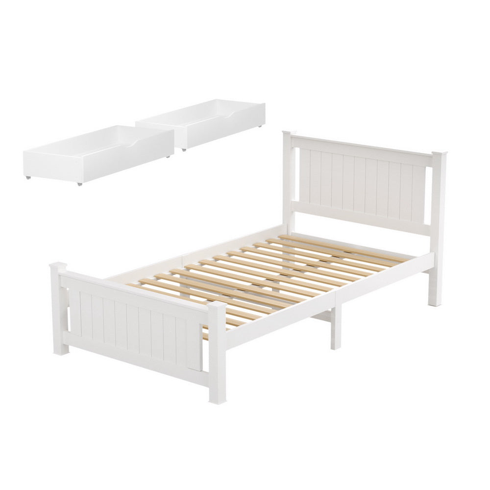 Artiss Bed Frame King Single Size Wooden Platform with 2 Storage Drawers White RIO - Homecoze